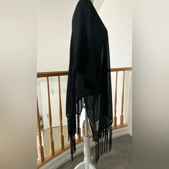 “Windsor” Black Sheer-Mesh Knotted-Fringe-Hem Kimono - Picture 2 of 4